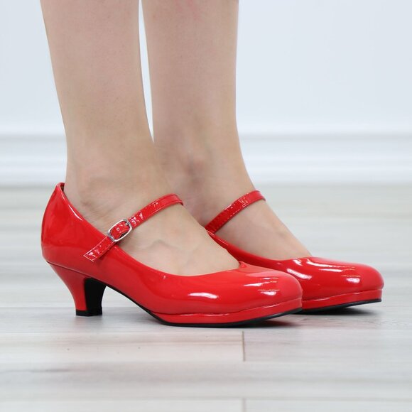 Red Patent Rockabilly Vintage Style Round Toe Kitten Low Heel Shoes - Picture 2 of 12